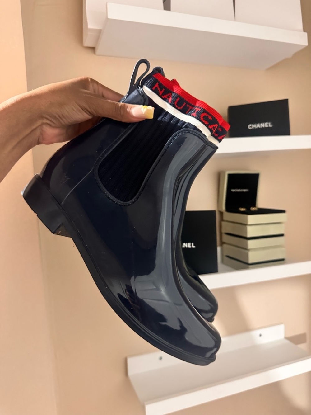 Nautica Glossy Navy Chelsea Rain Boots with Red Accent